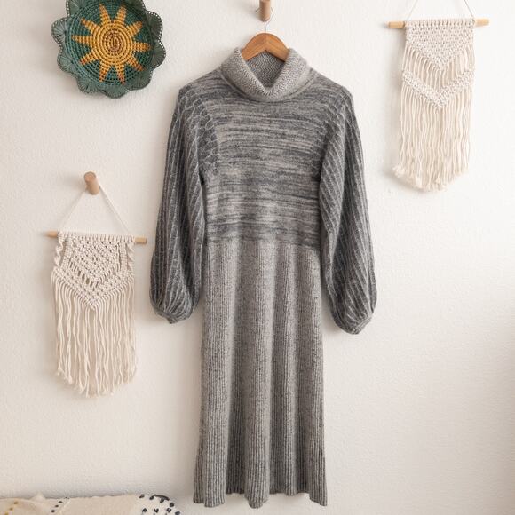 Gray Mock Neck Balloon Sleeve Midi Sweater Dress - Picture 1 of 6